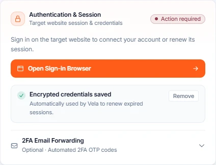 Panneau Authentication & Session avec l’état Action required et le bouton Open Sign-in Browser.