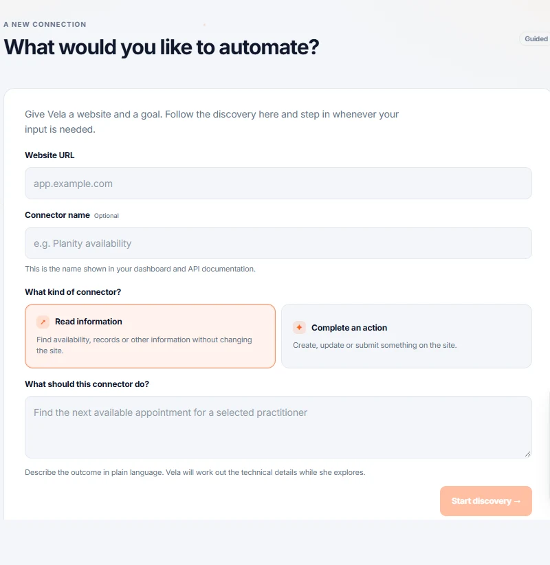 Guided creation screen: website URL, name, read or action, and goal.