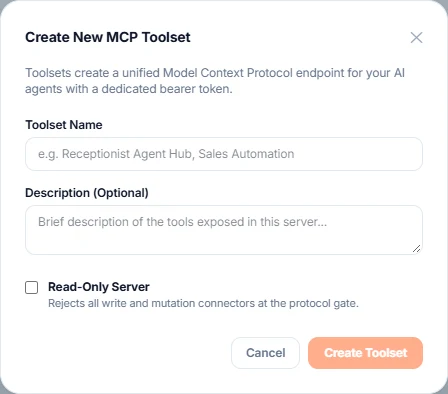 Fenêtre Create New MCP Toolset : nom, description et option Read-Only Server.